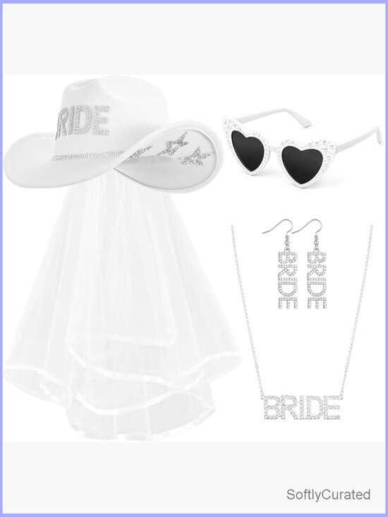 Bride Cowgirl Hat Rhinestone Set with Star Glitter Hat Earrings Necklace main image 6